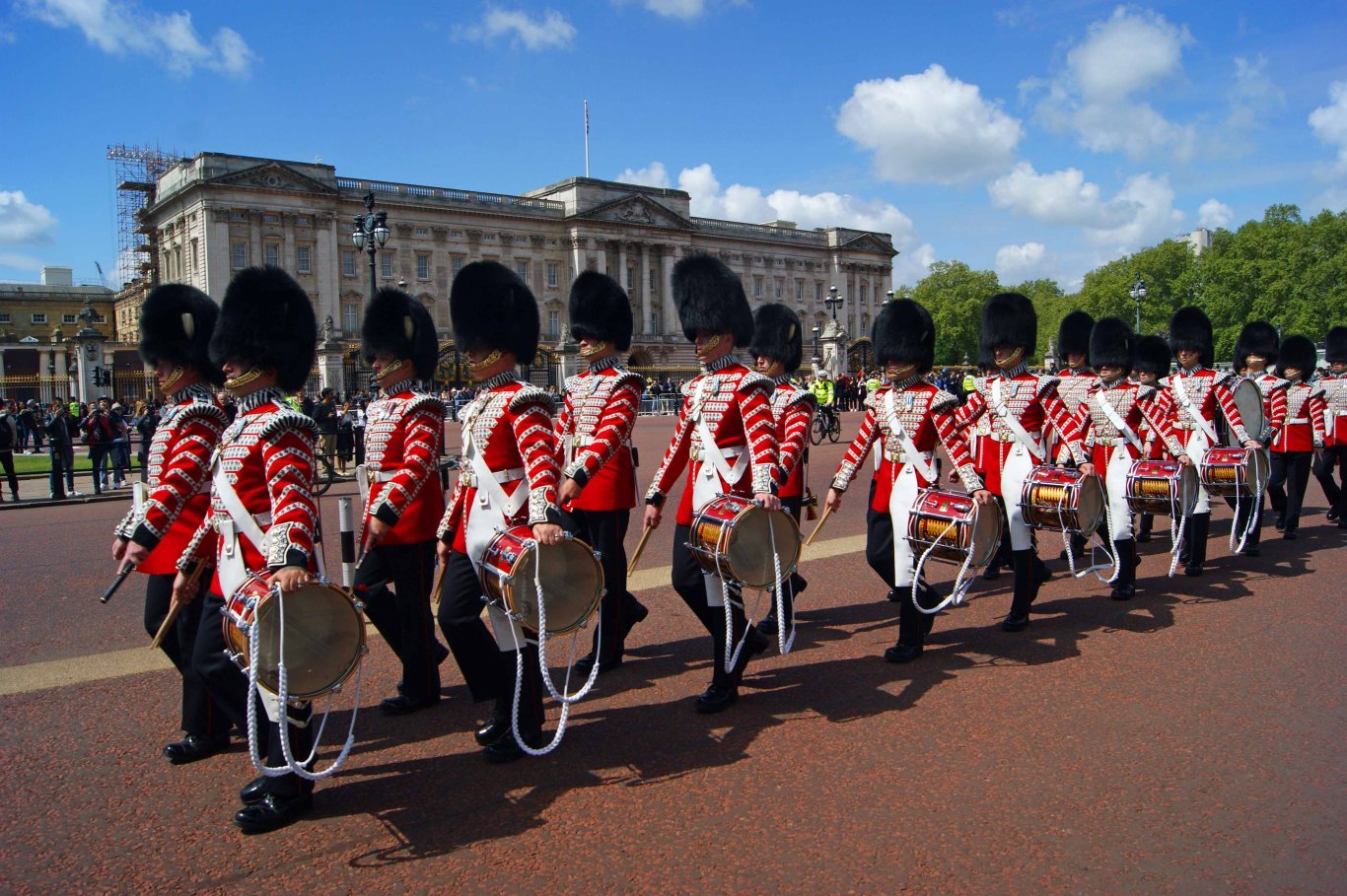 Guards and military bands marching up the Mall in London as part of the yearly Trooping the Colour parade