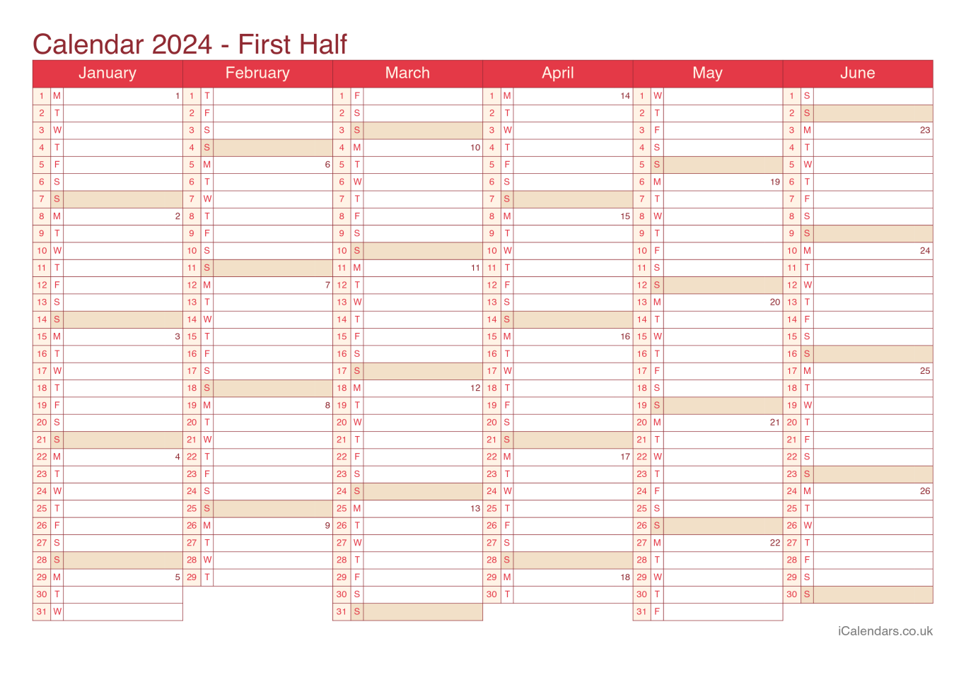 Half year calendar with week numbers 2024 - Cherry