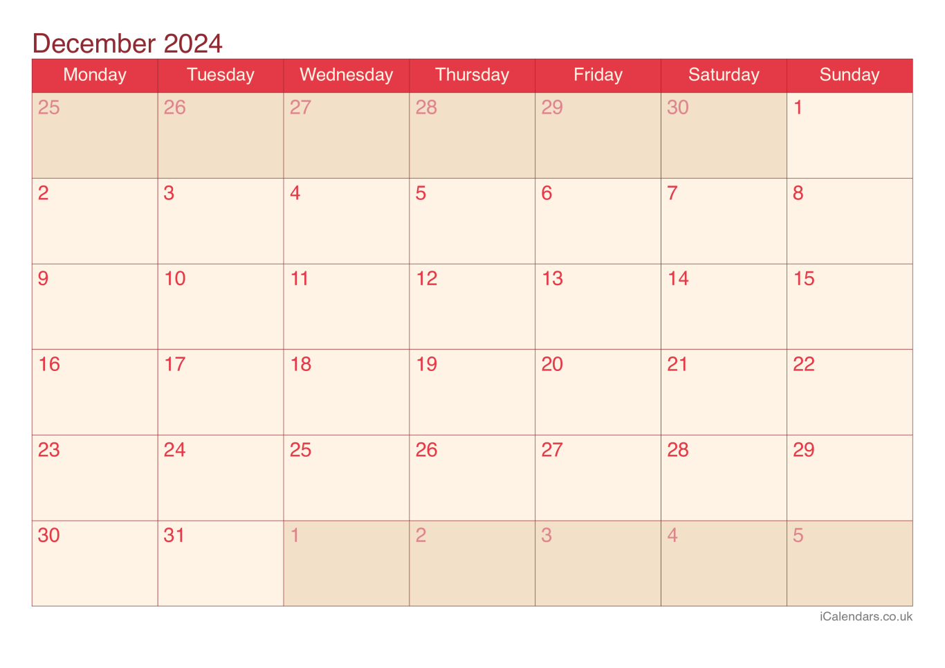 Calendar December 2024 - Cherry