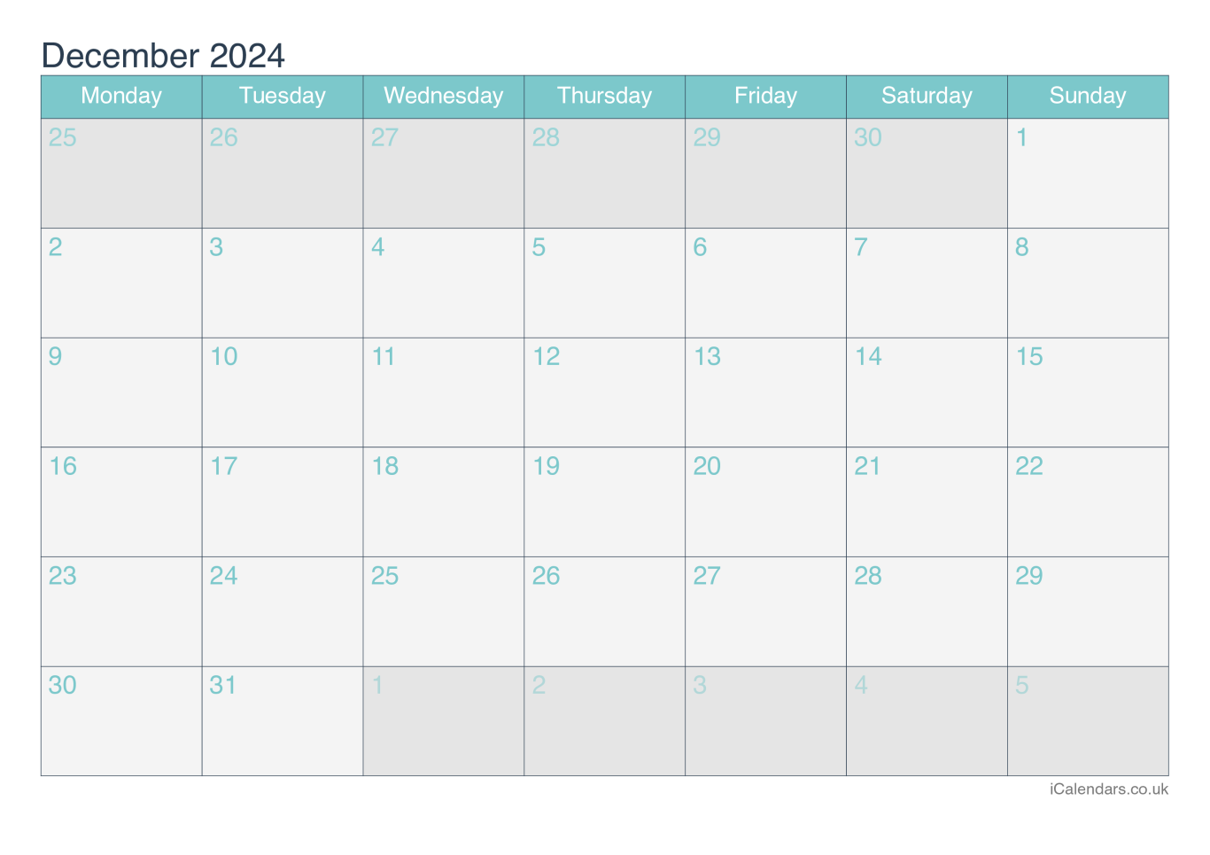 Calendar December 2024 - Turquesa