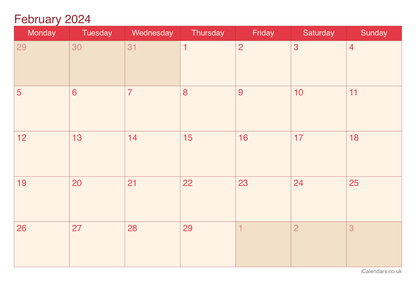 Calendar February 2024 - Cherry