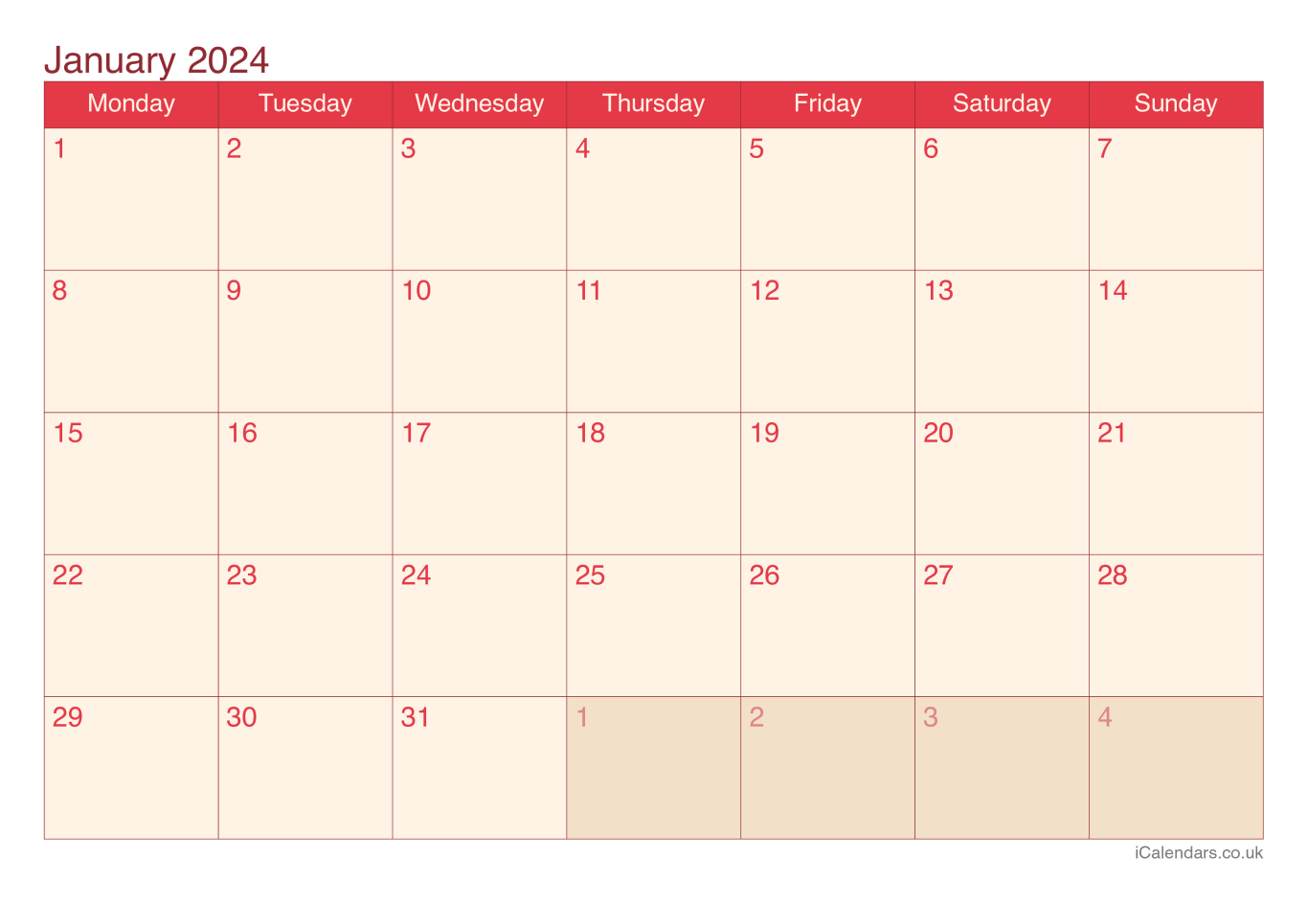Calendar January 2024 - Cherry