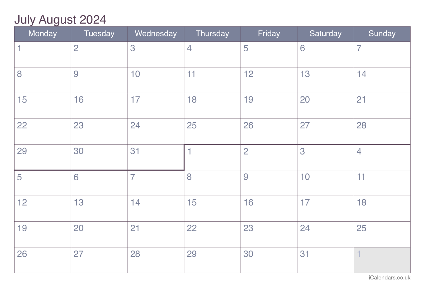 Calendar July August 2024 - Office