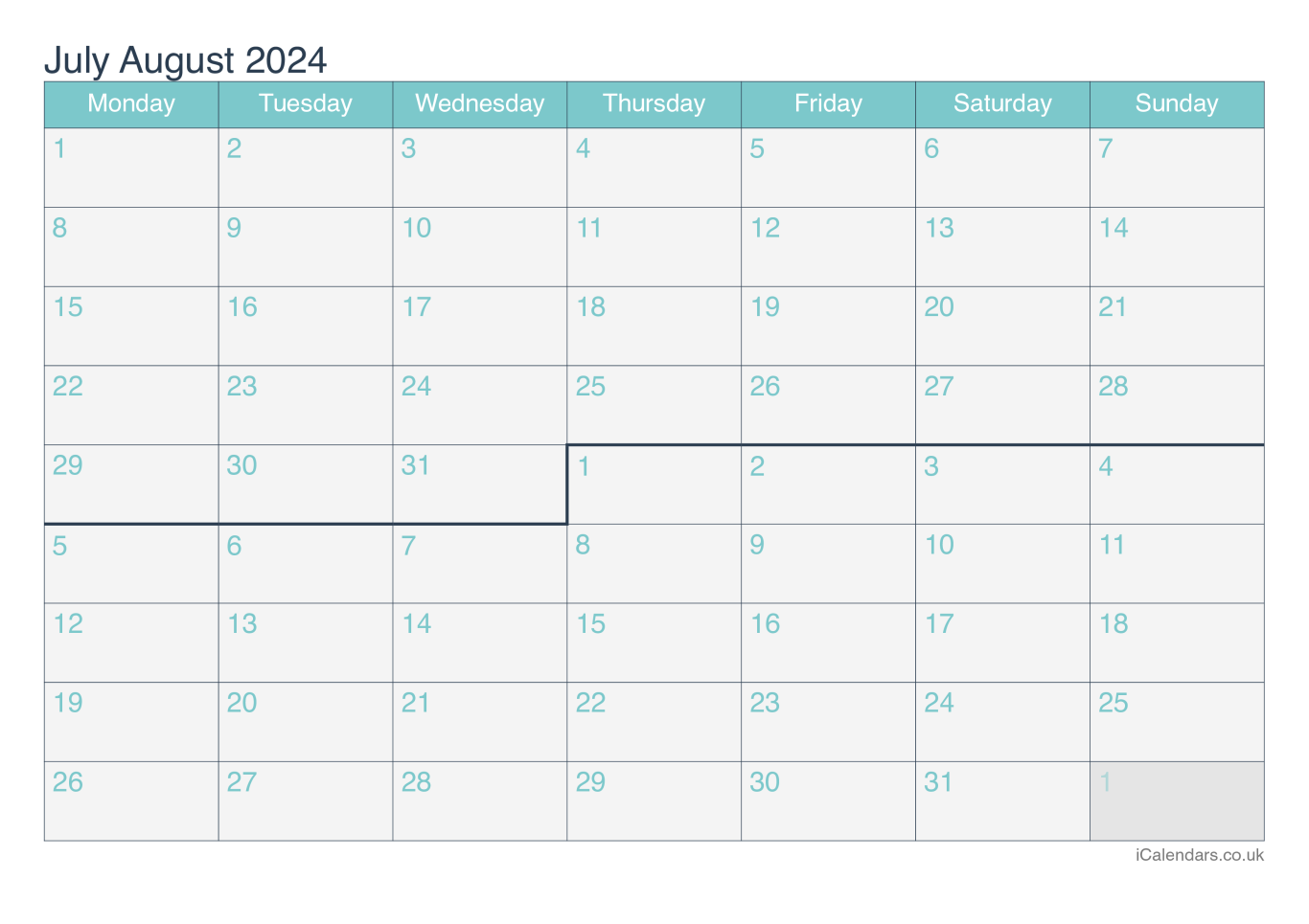 Calendar July August 2024 - Turquesa