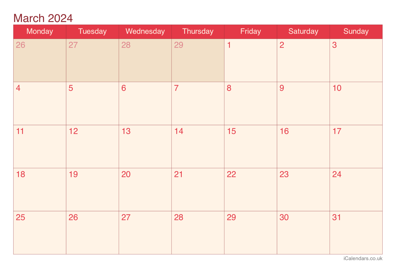 Calendar March 2024 - Cherry