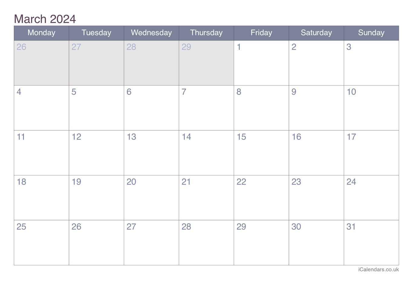 Calendar March 2024 - Office