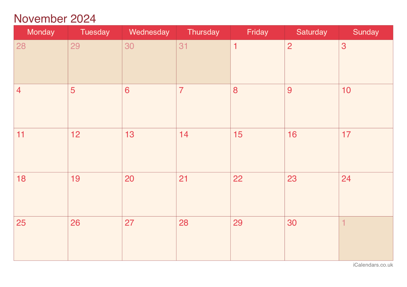 Calendar November 2024 - Cherry