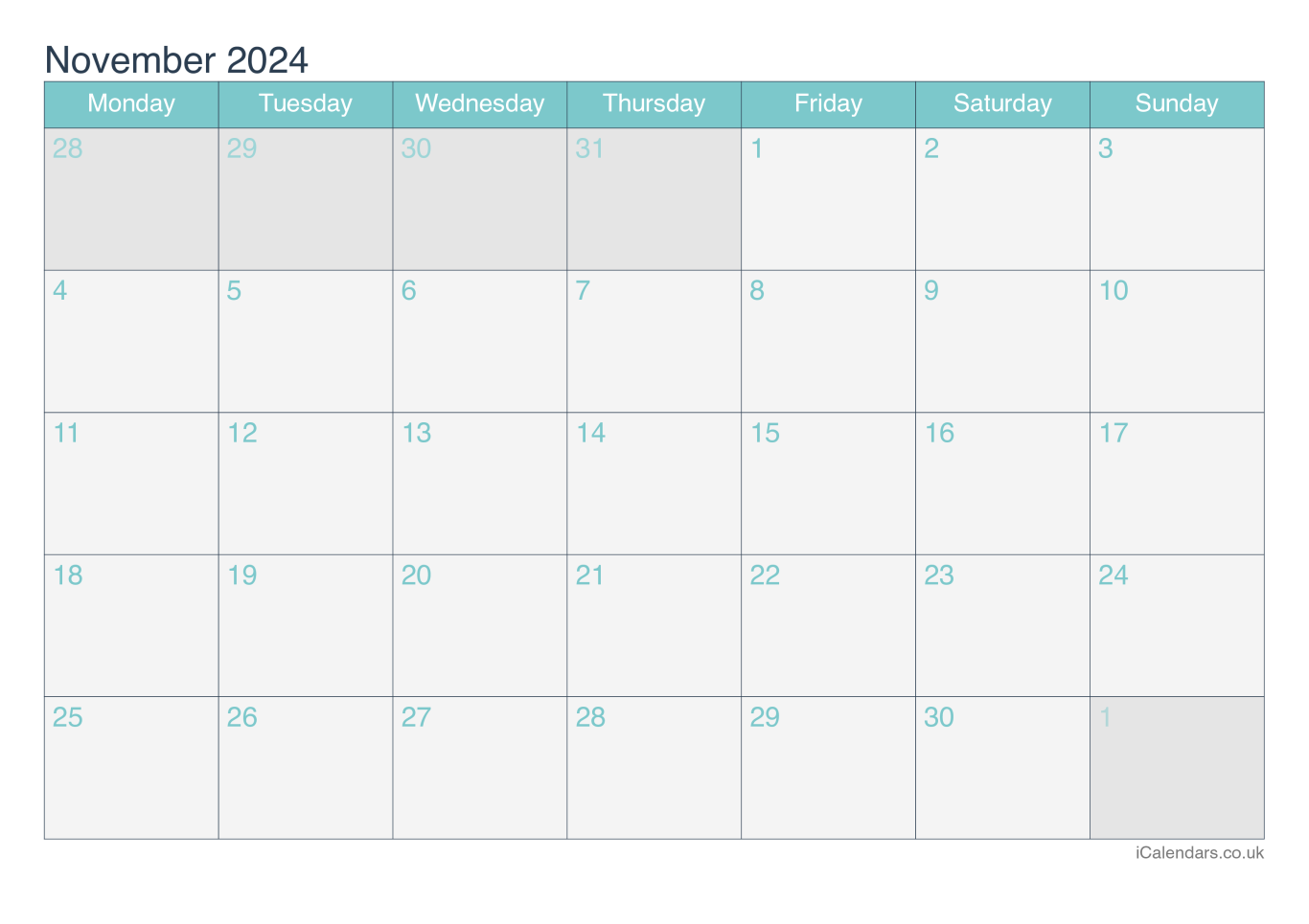 Calendar November 2024 - Turquesa
