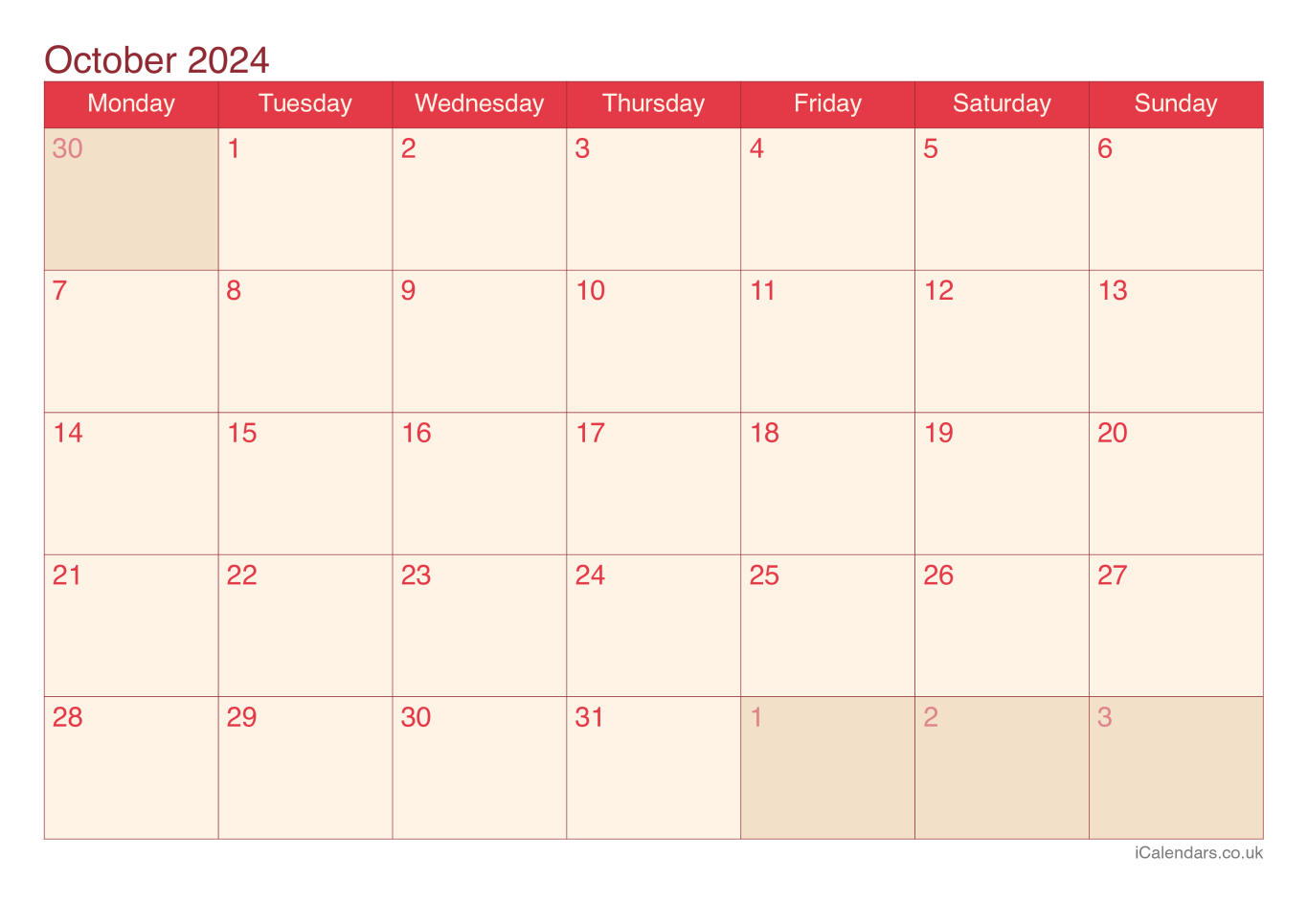 Calendar October 2024 - Cherry