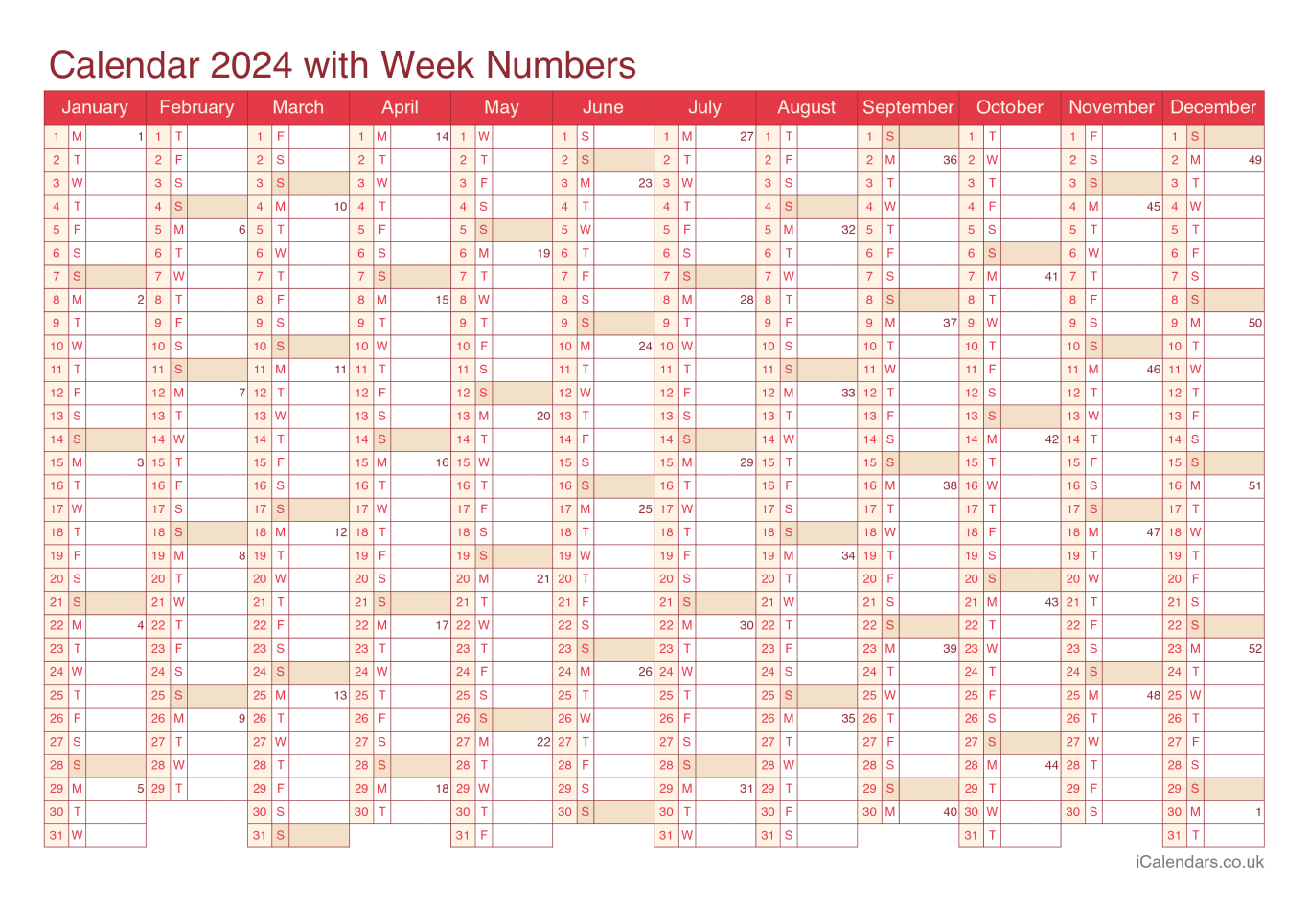 Calendar 2024 with week numbers - Cherry