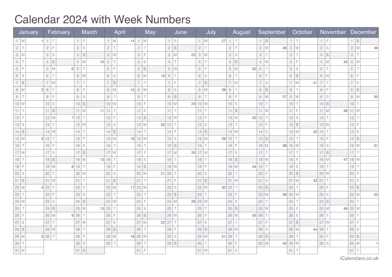 Calendar 2024 with week numbers - Office