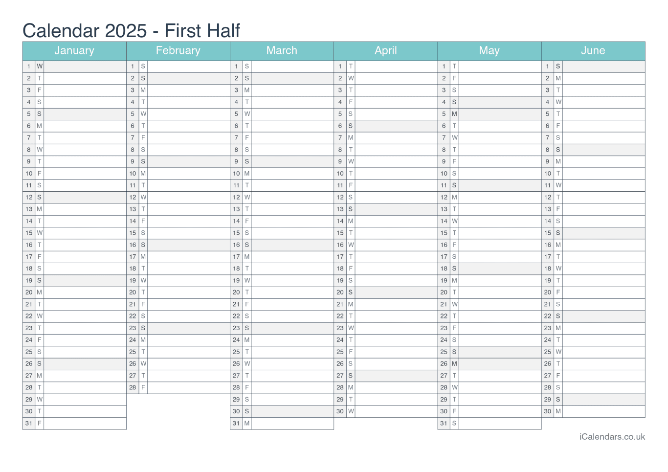 Half year calendar 2025 - Turquesa