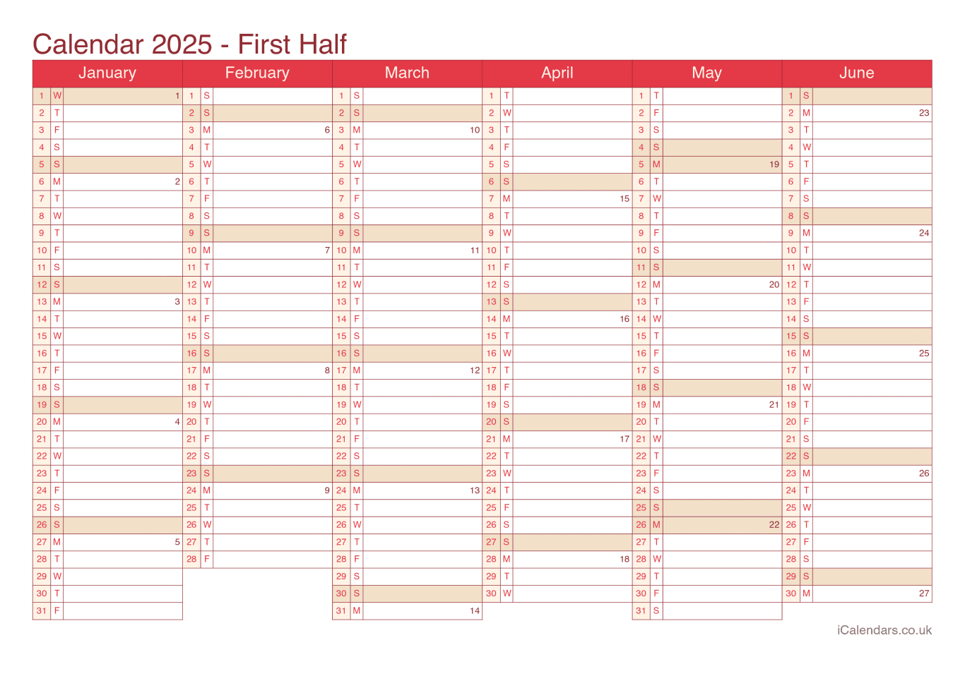 Half year calendar with week numbers 2025 - Cherry