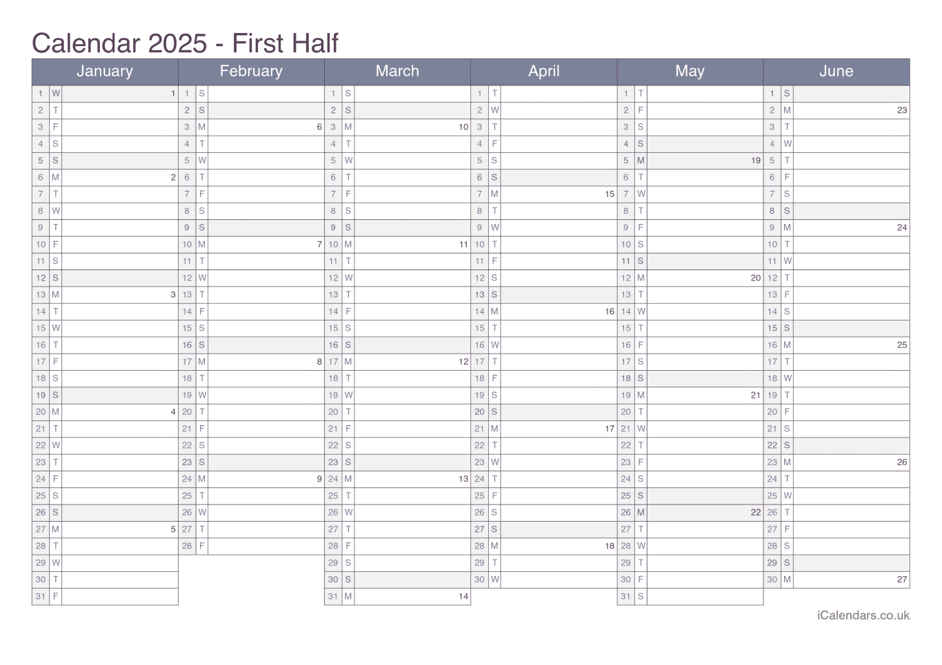 Half year calendar with week numbers 2025 - Office