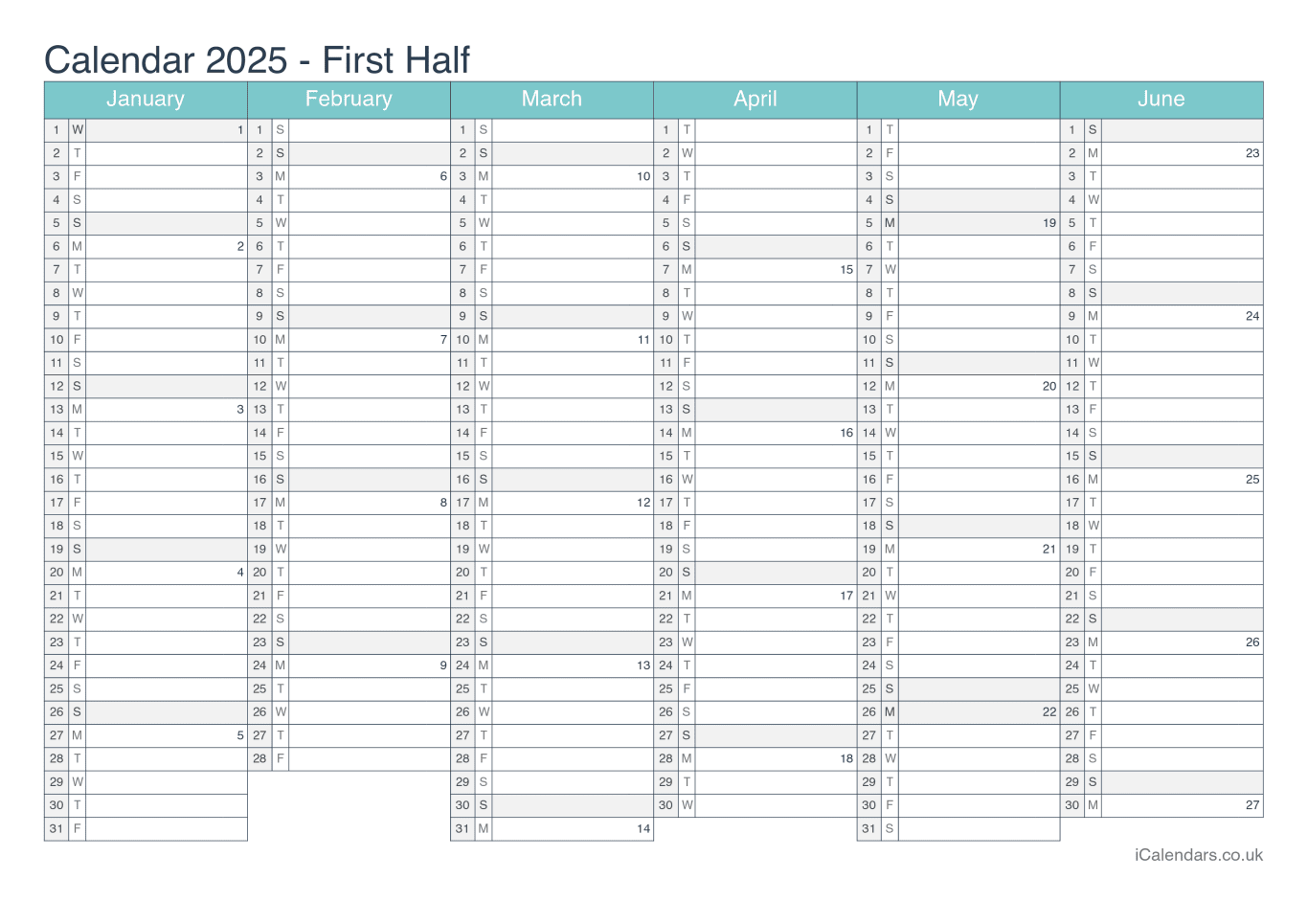 Half year calendar with week numbers 2025 - Turquesa