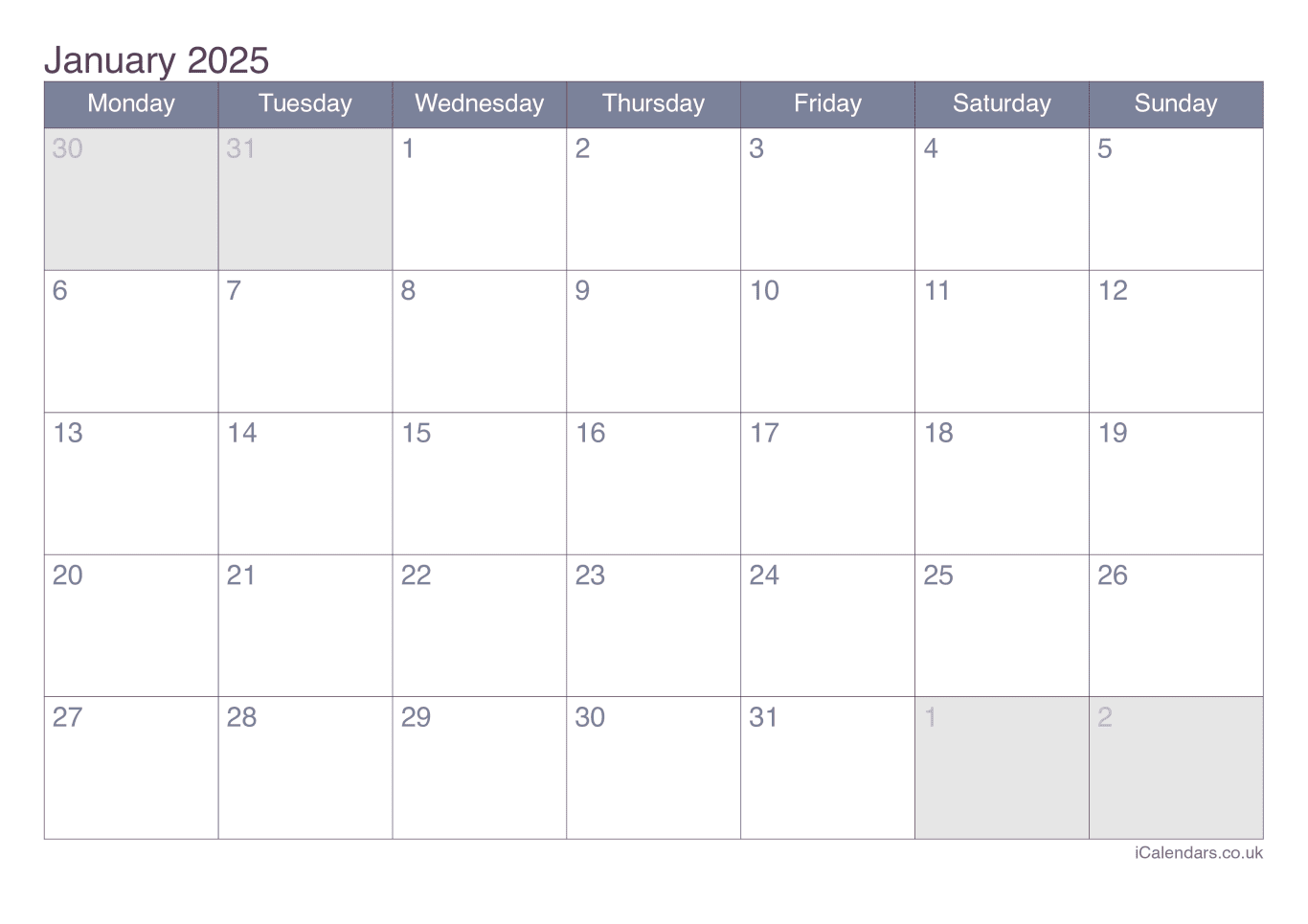 Monthly Calendar 2025 - Office