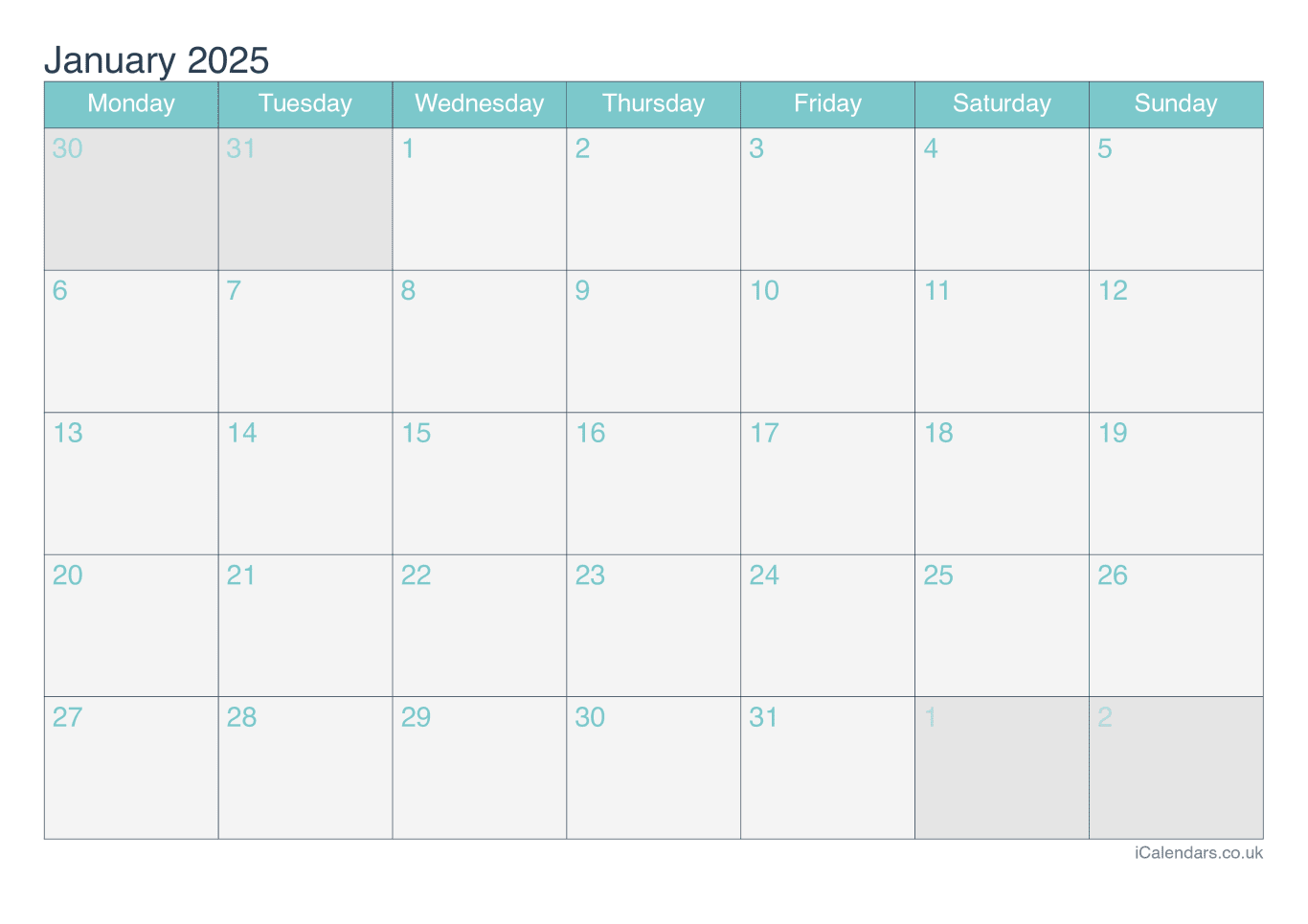 Monthly Calendar 2025 - Turquesa