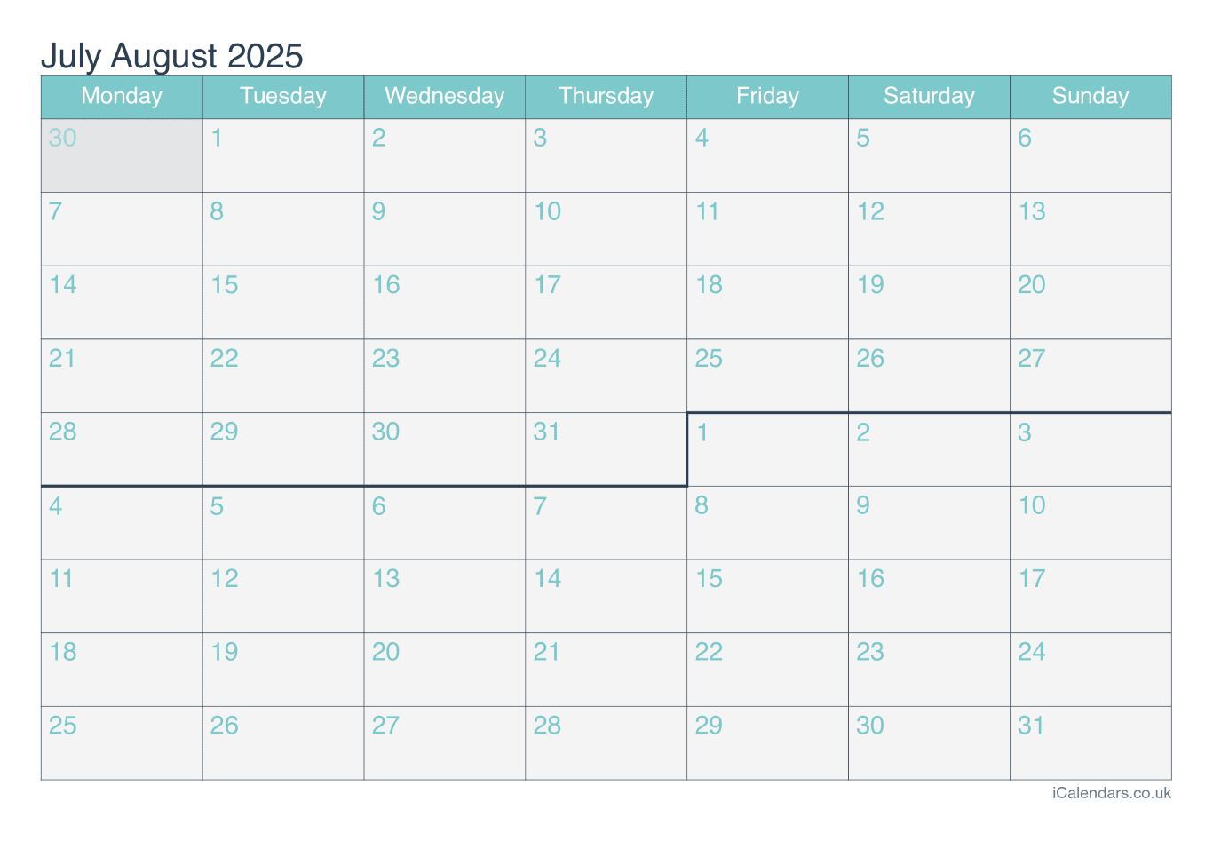 Calendar July August 2025 - Turquesa