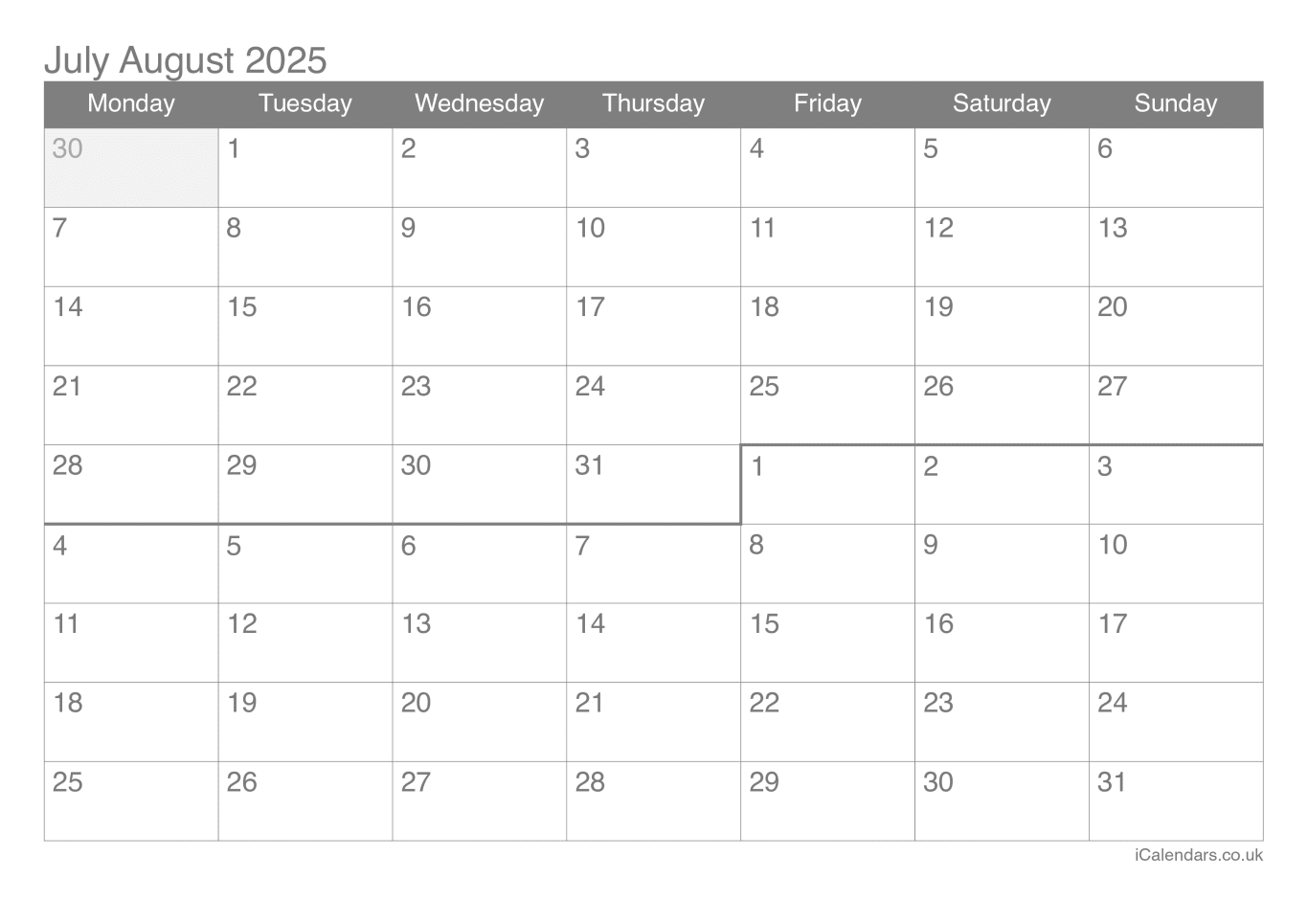 Calendar July August 2025