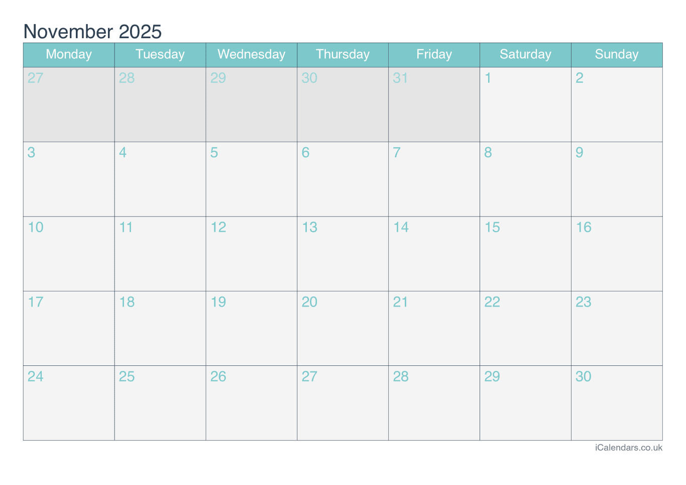 Calendar November 2025 - Turquesa