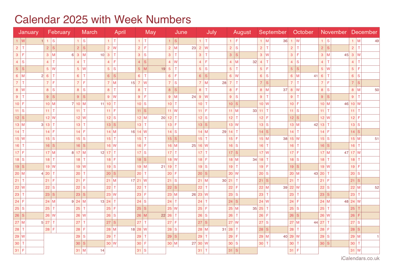 Calendar 2025 with week numbers - Cherry