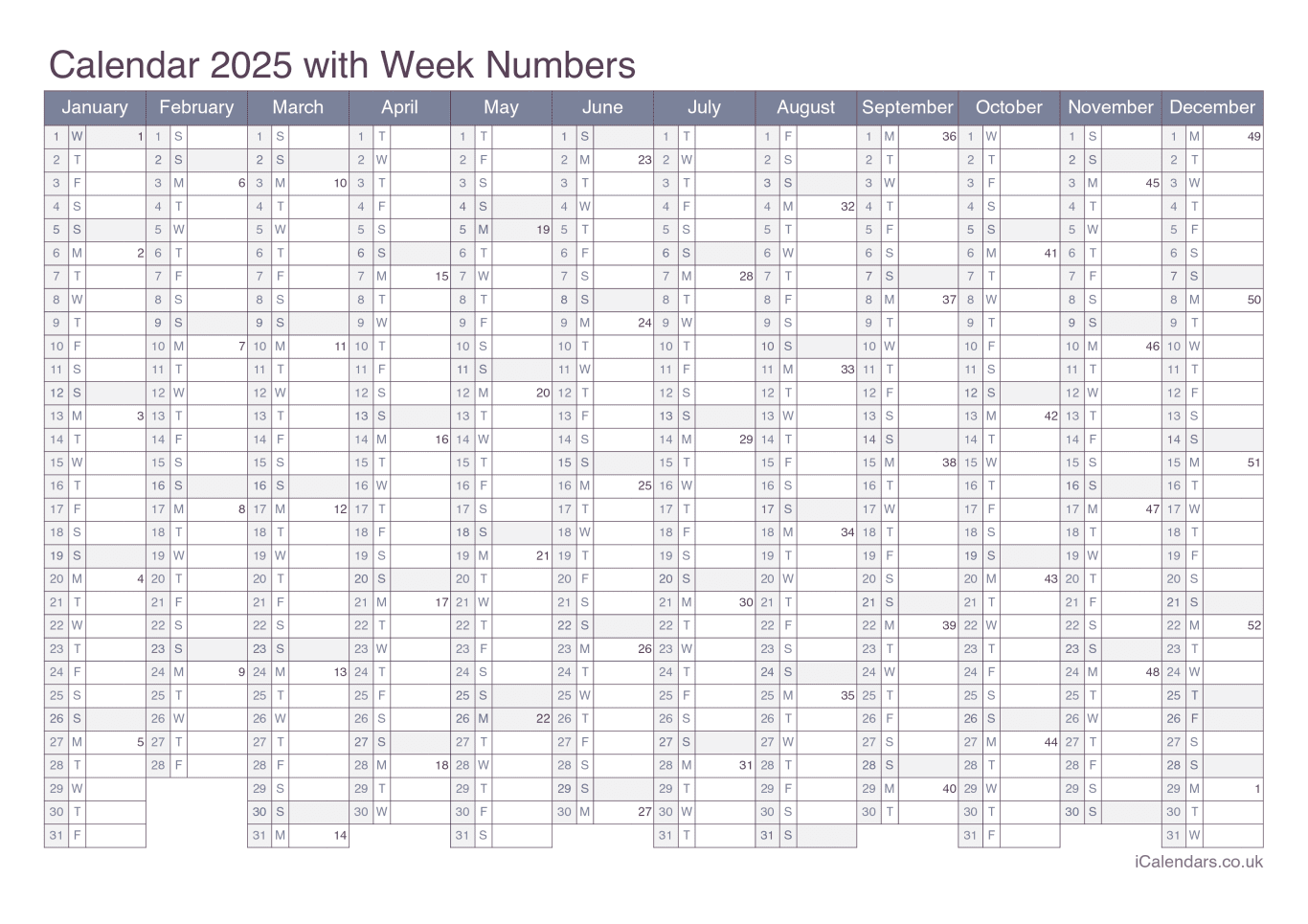 Calendar 2025 with week numbers - Office