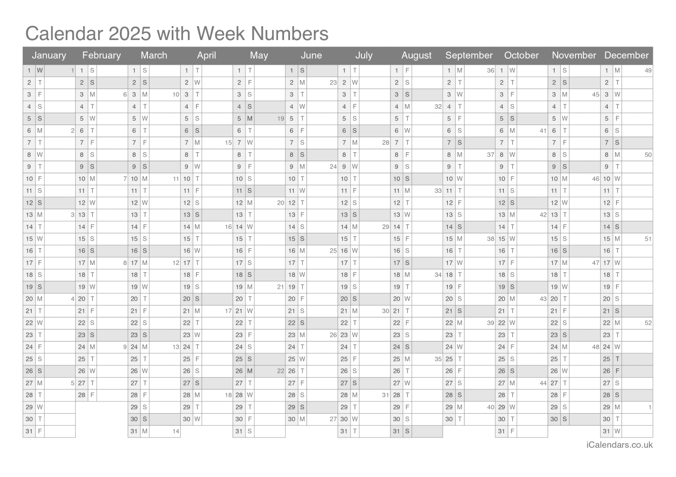 Calendar 2025 with week numbers