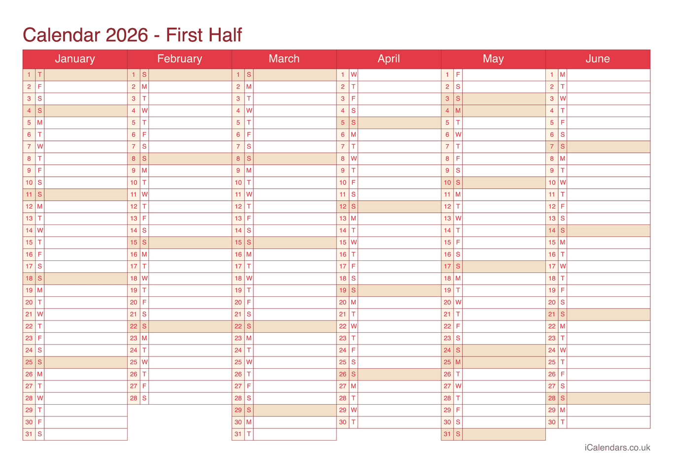 Half year calendar 2026 - Cherry