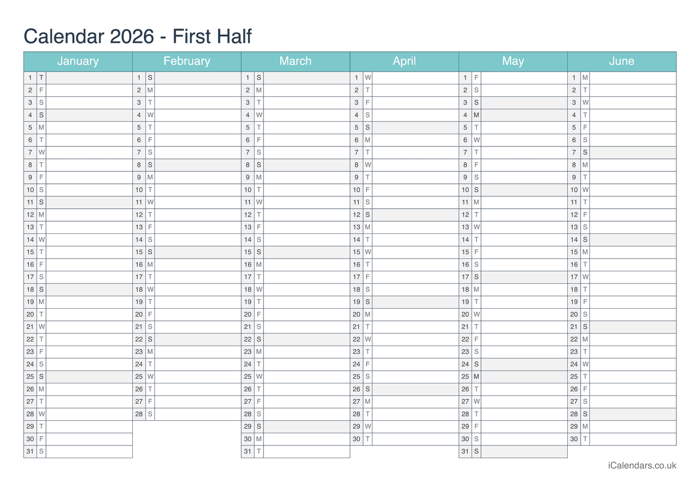 Half year calendar 2026 - Turquesa