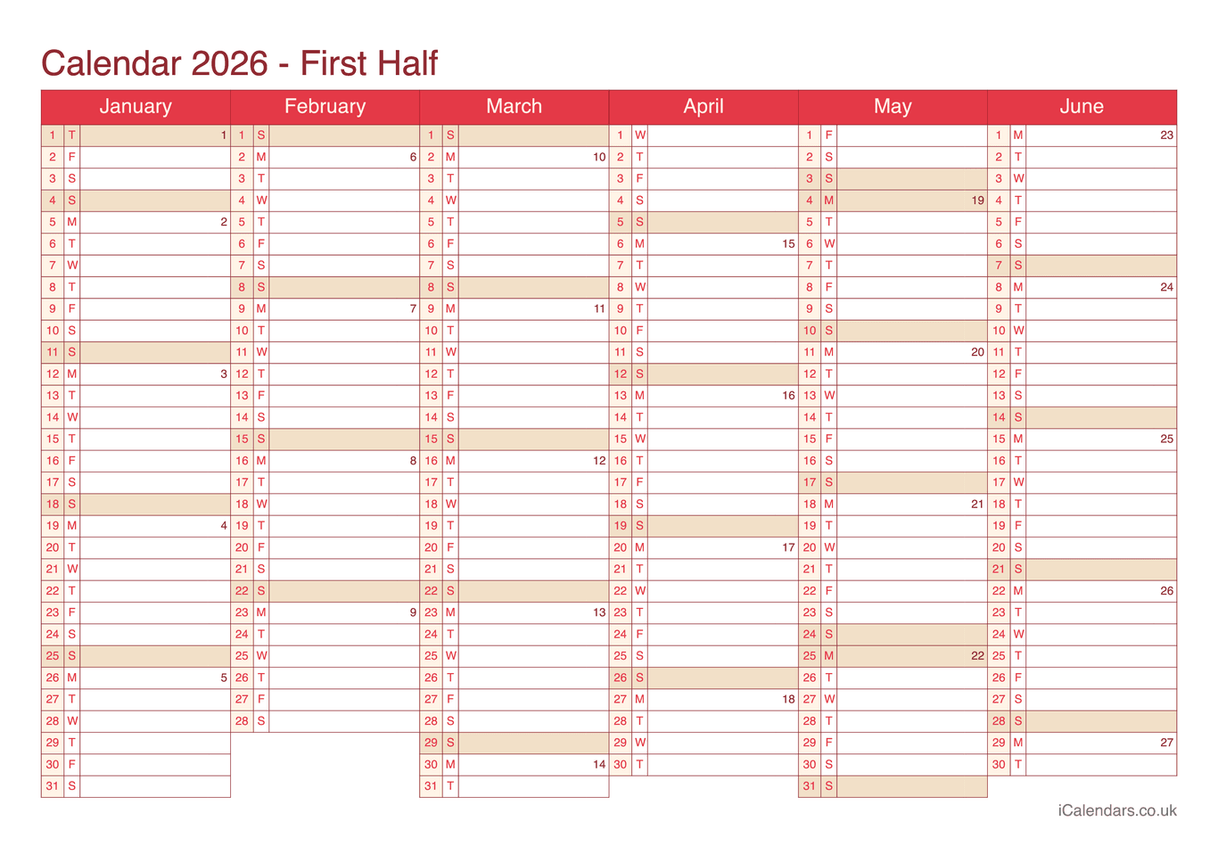 Half year calendar with week numbers 2026 - Cherry