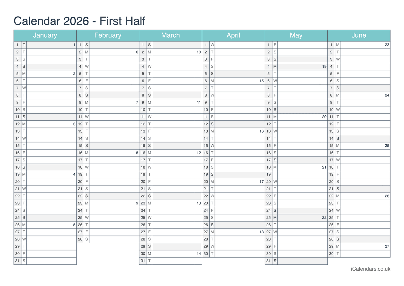 Half year calendar with week numbers 2026 - Turquesa