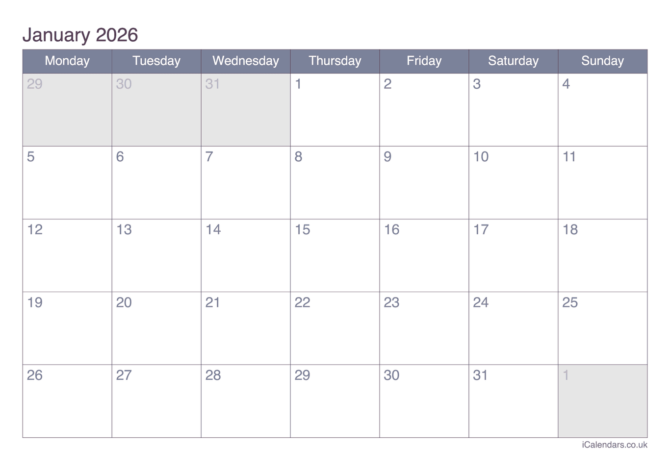 Monthly Calendar 2026 - Office