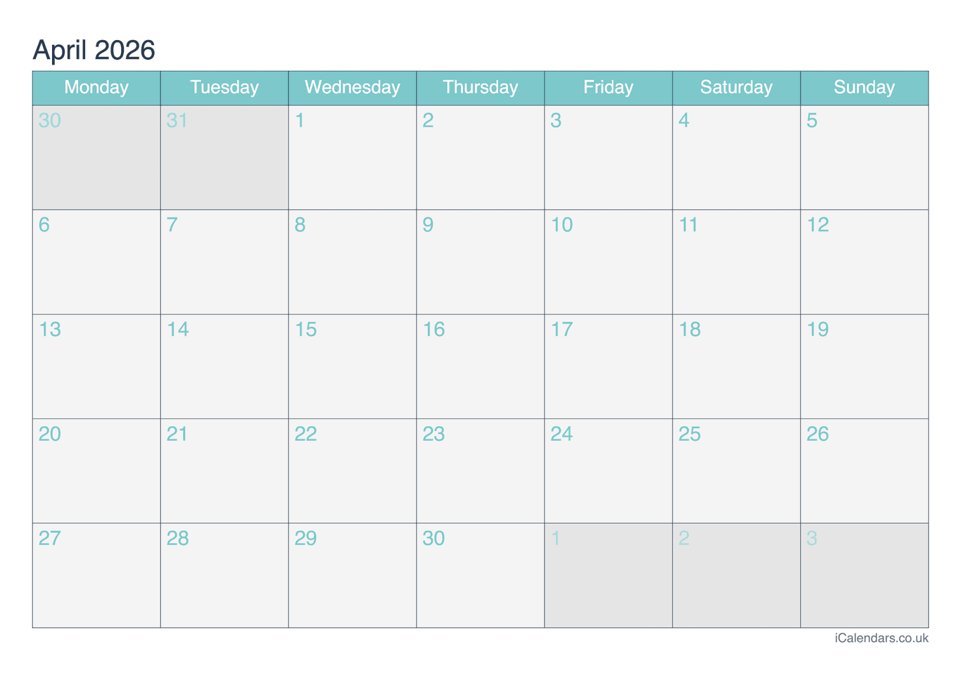 Calendar April 2026 - Turquesa