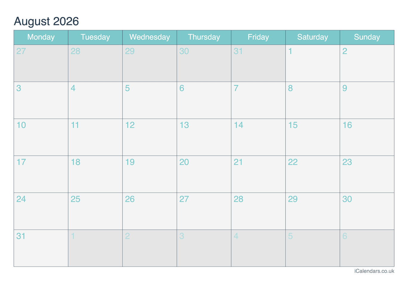 Calendar August 2026 - Turquesa