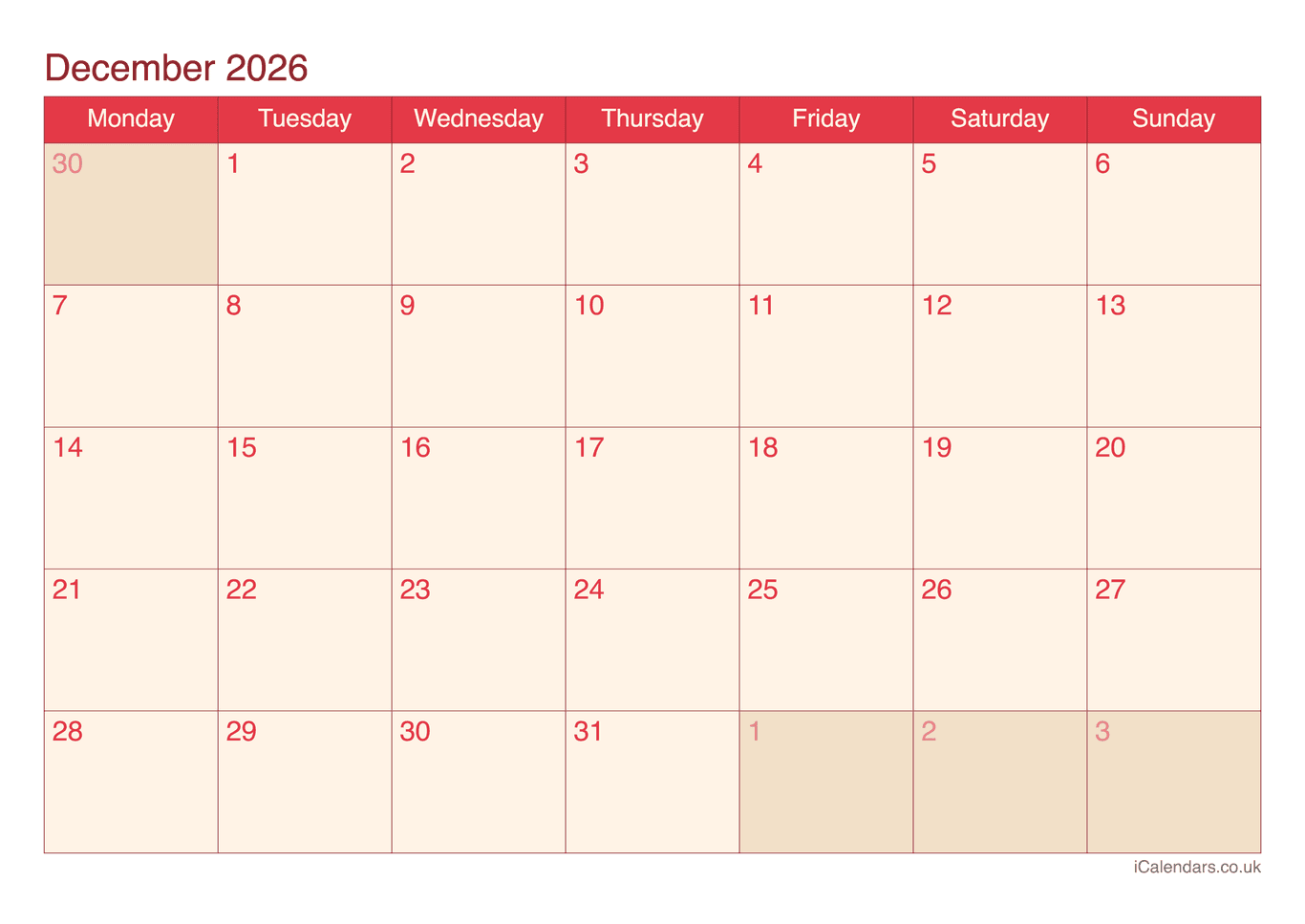 Calendar December 2026 - Cherry