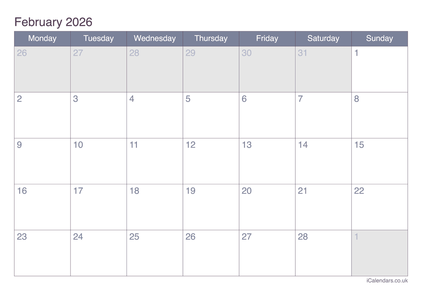 Calendar February 2026 - Office