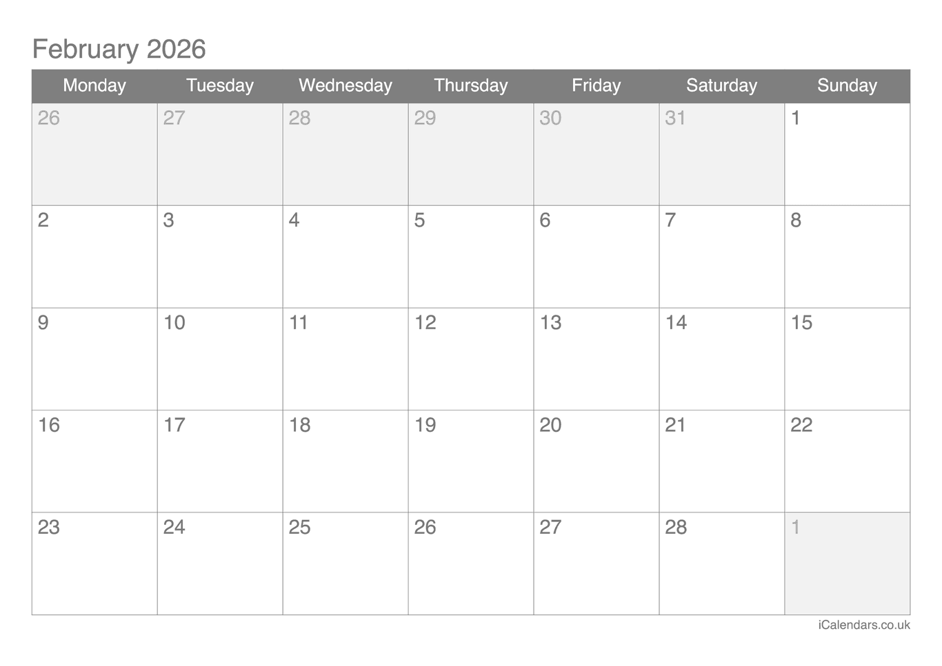 Calendar February 2026