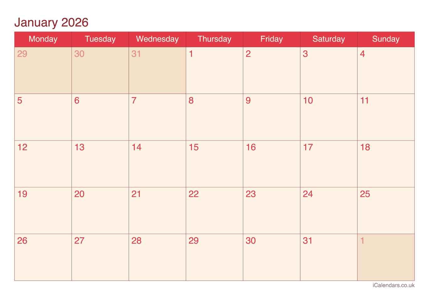 Calendar January 2026 - Cherry