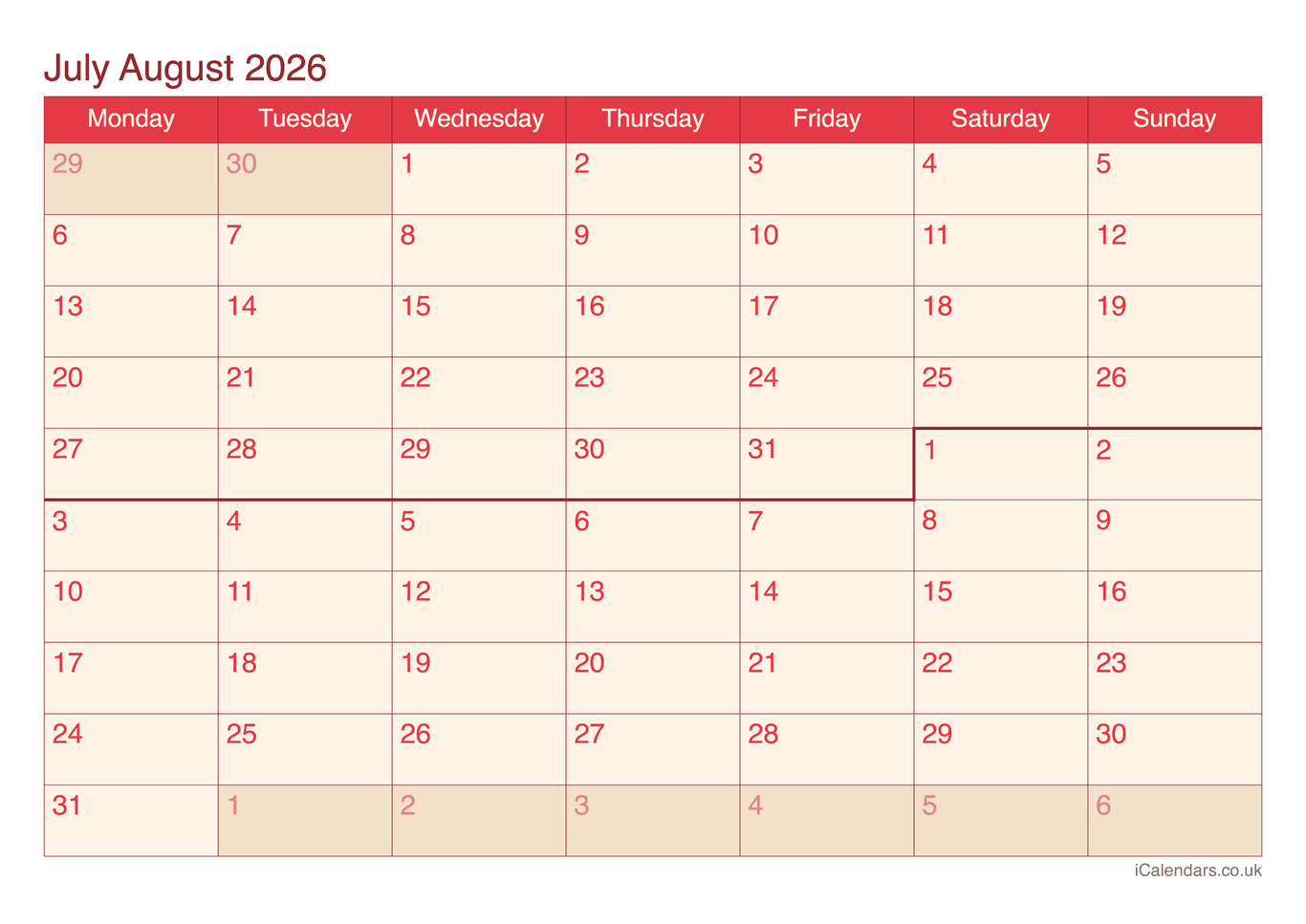 Calendar July August 2026 - Cherry