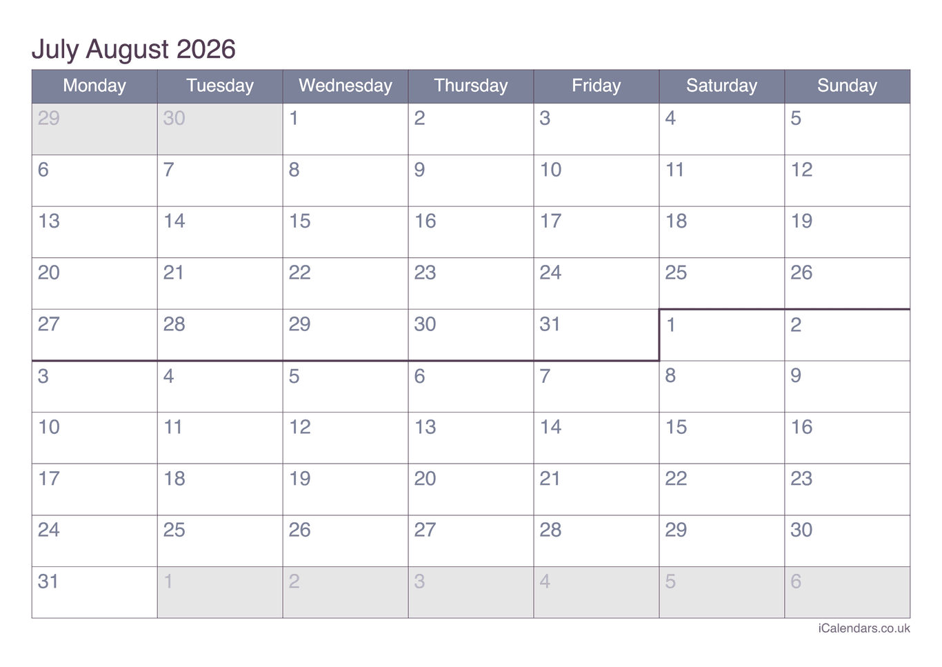 Calendar July August 2026 - Office