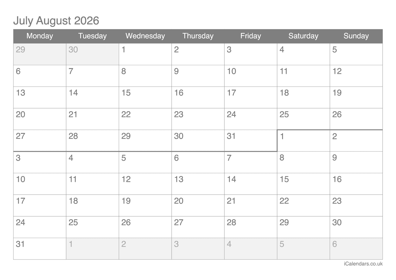 Calendar July August 2026