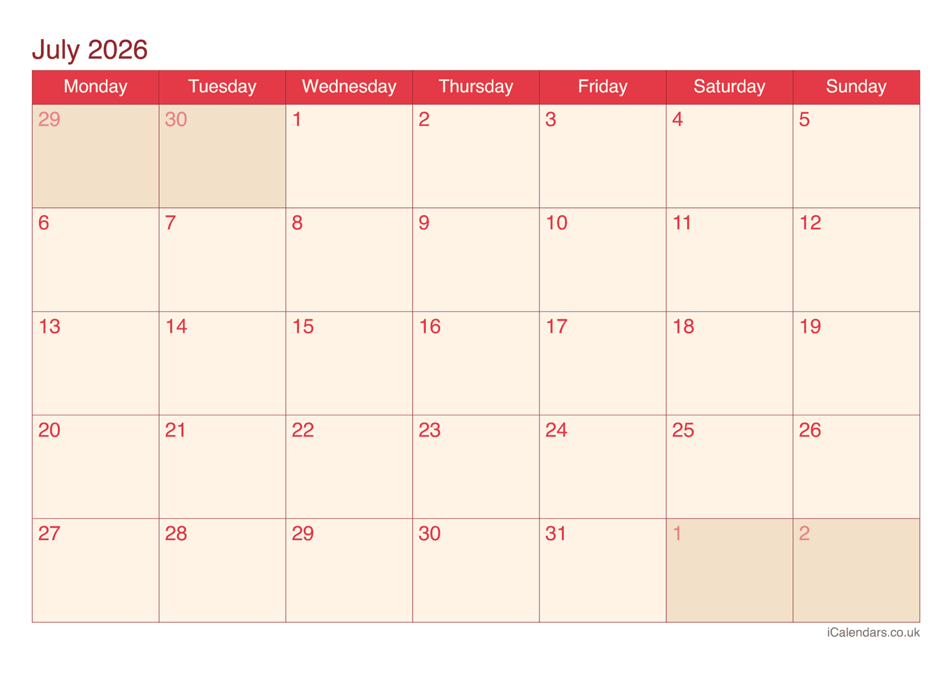 Calendar July 2026 - Cherry