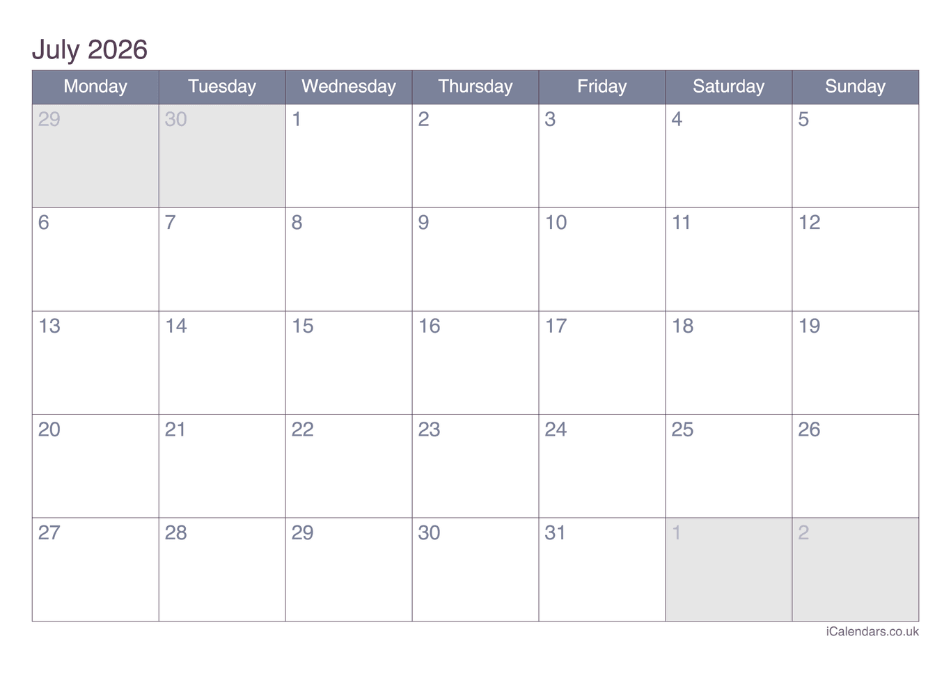 Calendar July 2026 - Office