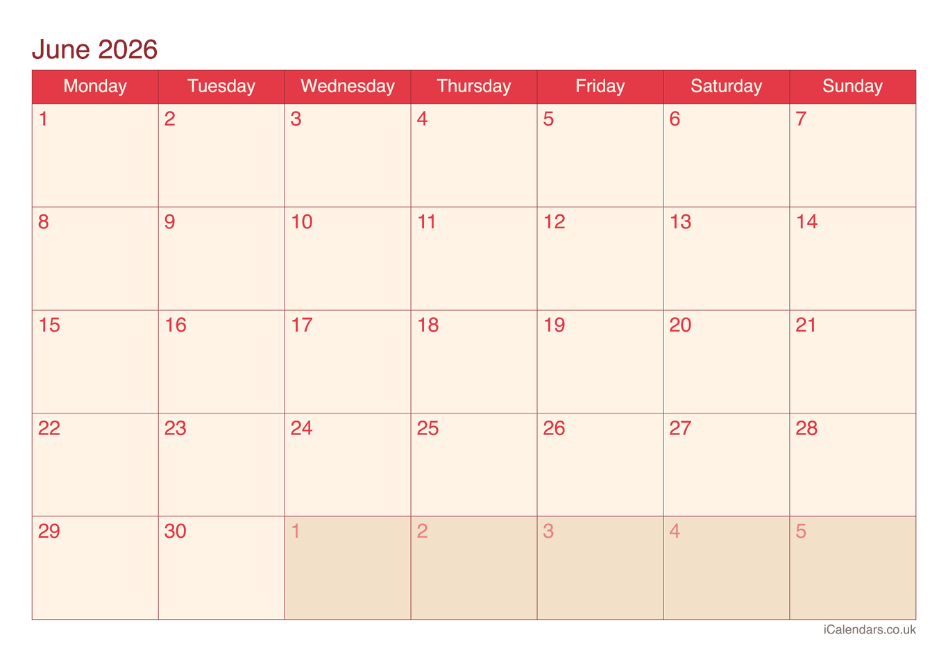 Calendar June 2026 - Cherry