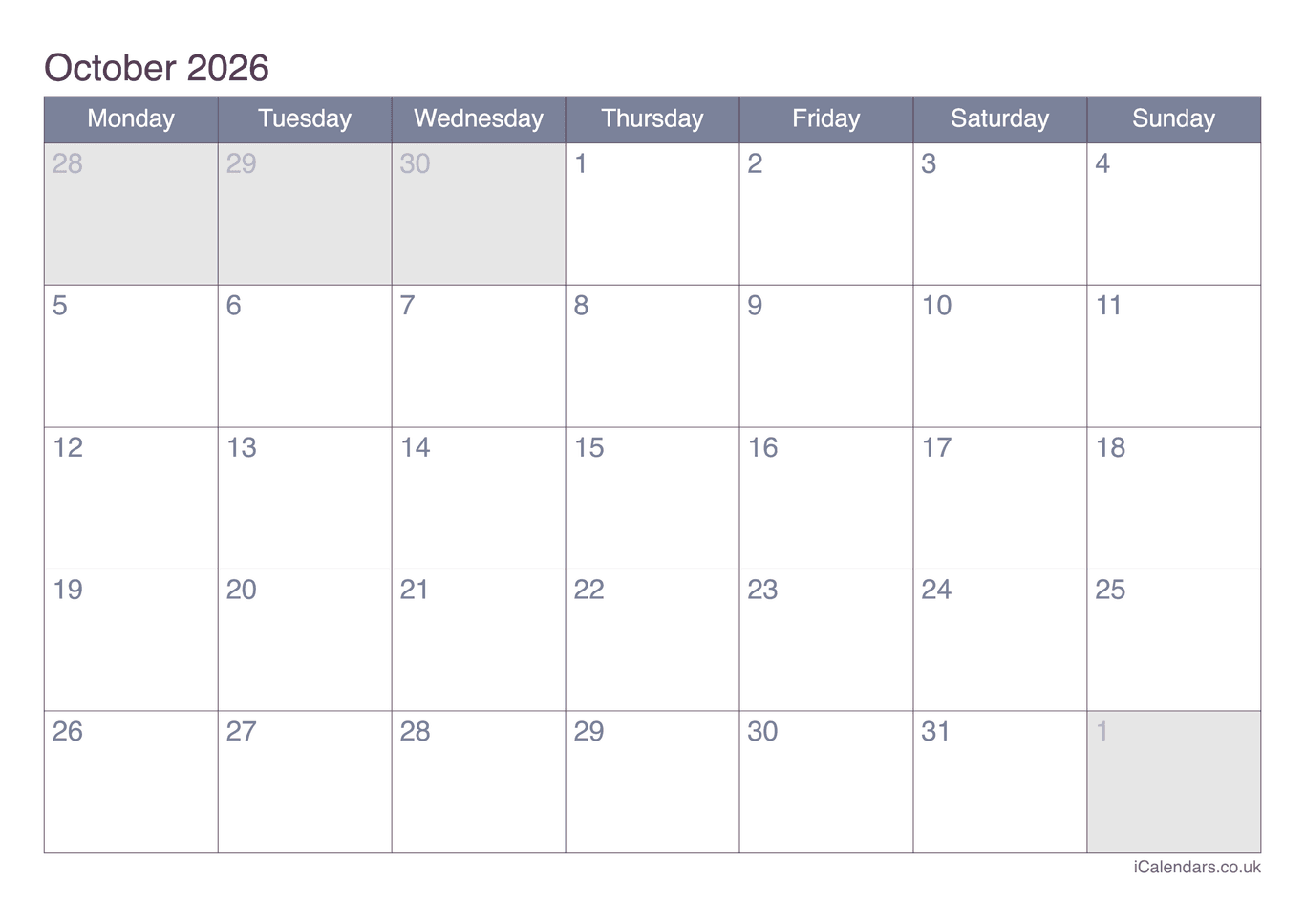 Calendar October 2026 - Office