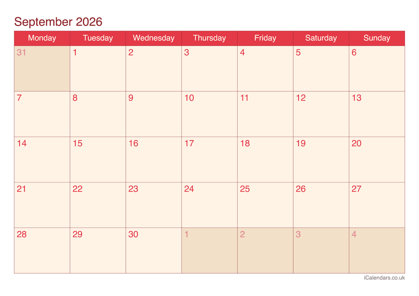 Calendar September 2026 - Cherry