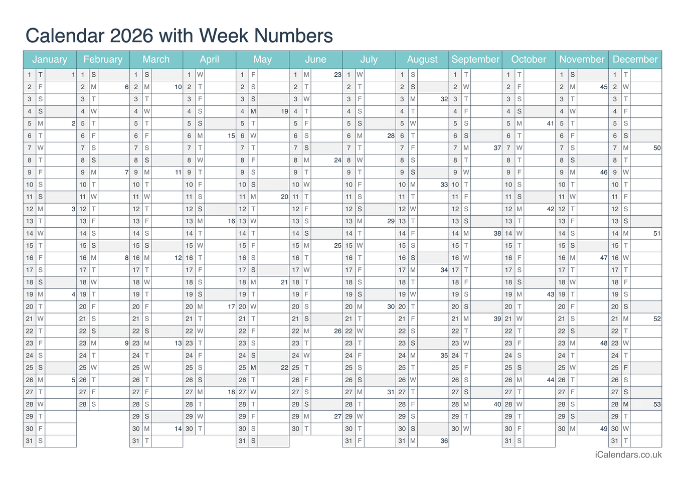 Calendar 2026 with week numbers - Turquesa