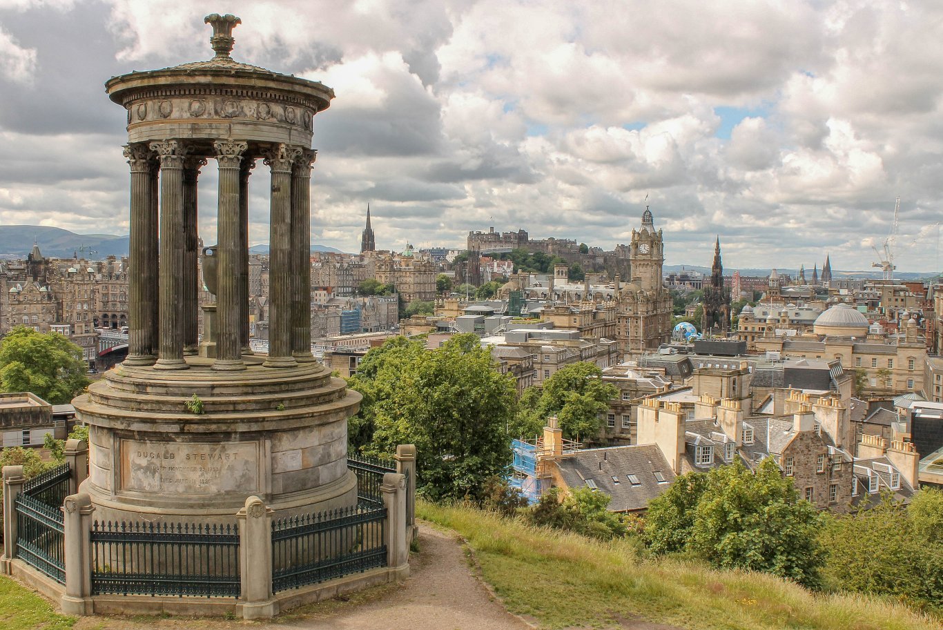 Dugald Stewart Monument and view of Edinburgh from Calton Hill